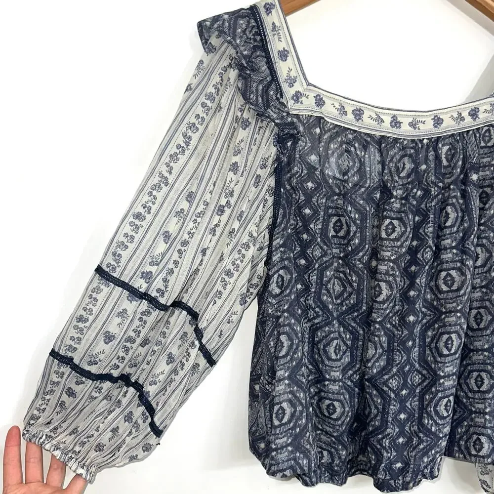 NWT Free People Mostly Meadow Blue Ivory Long Puff Sleeve Square Neck Top Size L